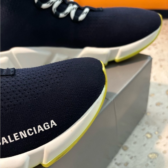 BALENCIAGA Speed Lace Up Knit Sock Marine Blue Logo High Top Trainers women’s 42 - Picture 6 of 7